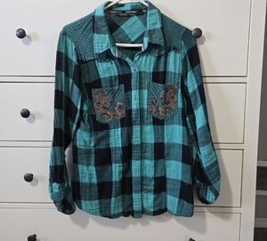 Miss Me Teal and Black Plaid Button Down Shirt